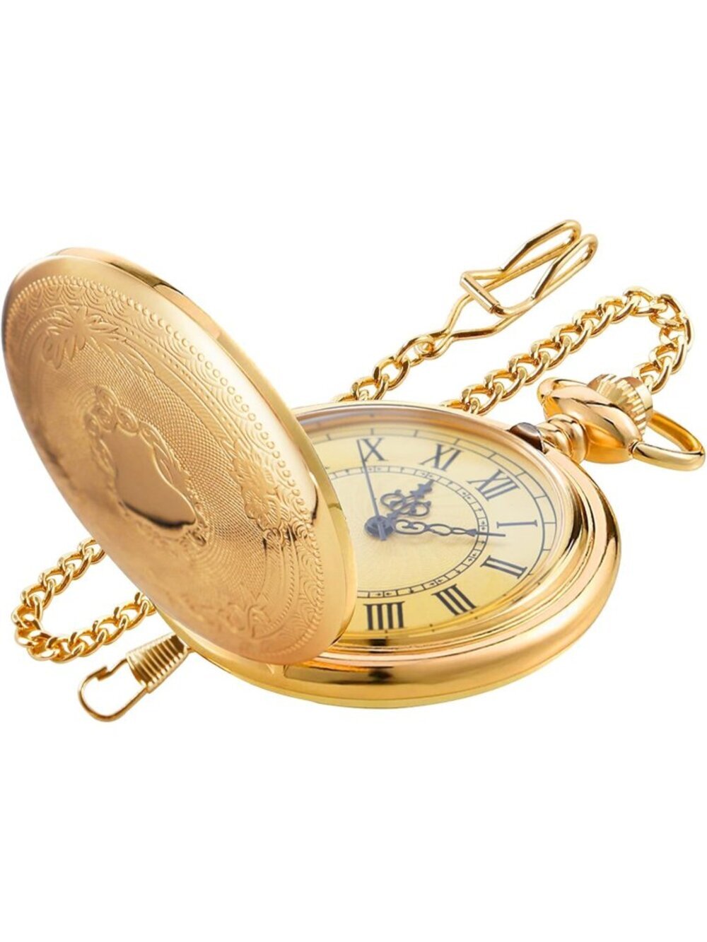 Men's Gold Analog Quartz Flower Arabic Numerals Movement Chain Clip Pocket Watch
